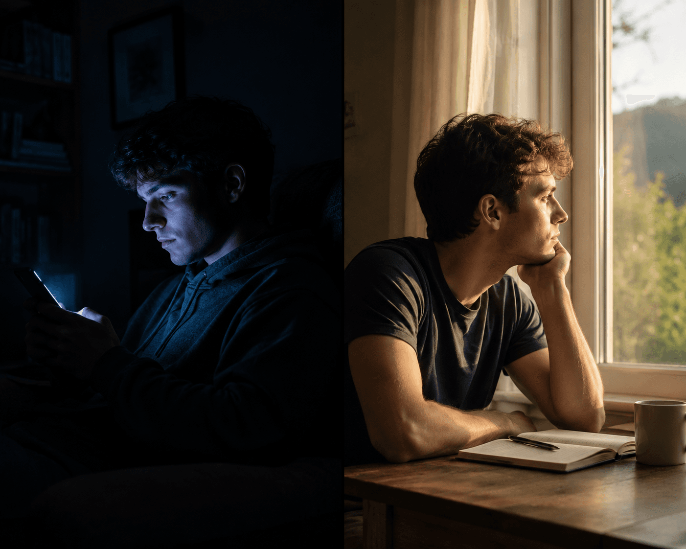 Split image: person scrolling in the dark vs person gazing out a sunlit window