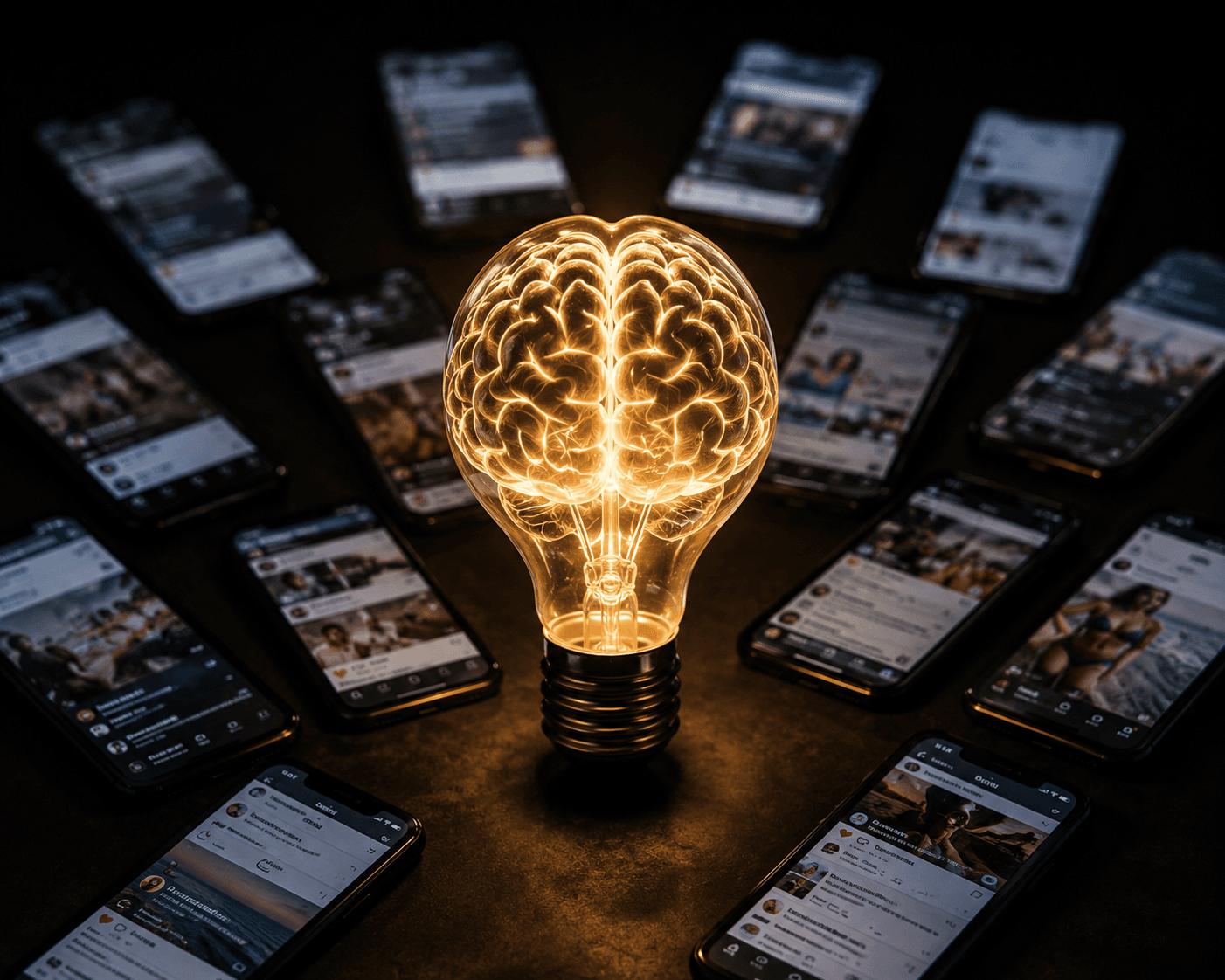 A glowing brain lightbulb surrounded by social media feeds on phones